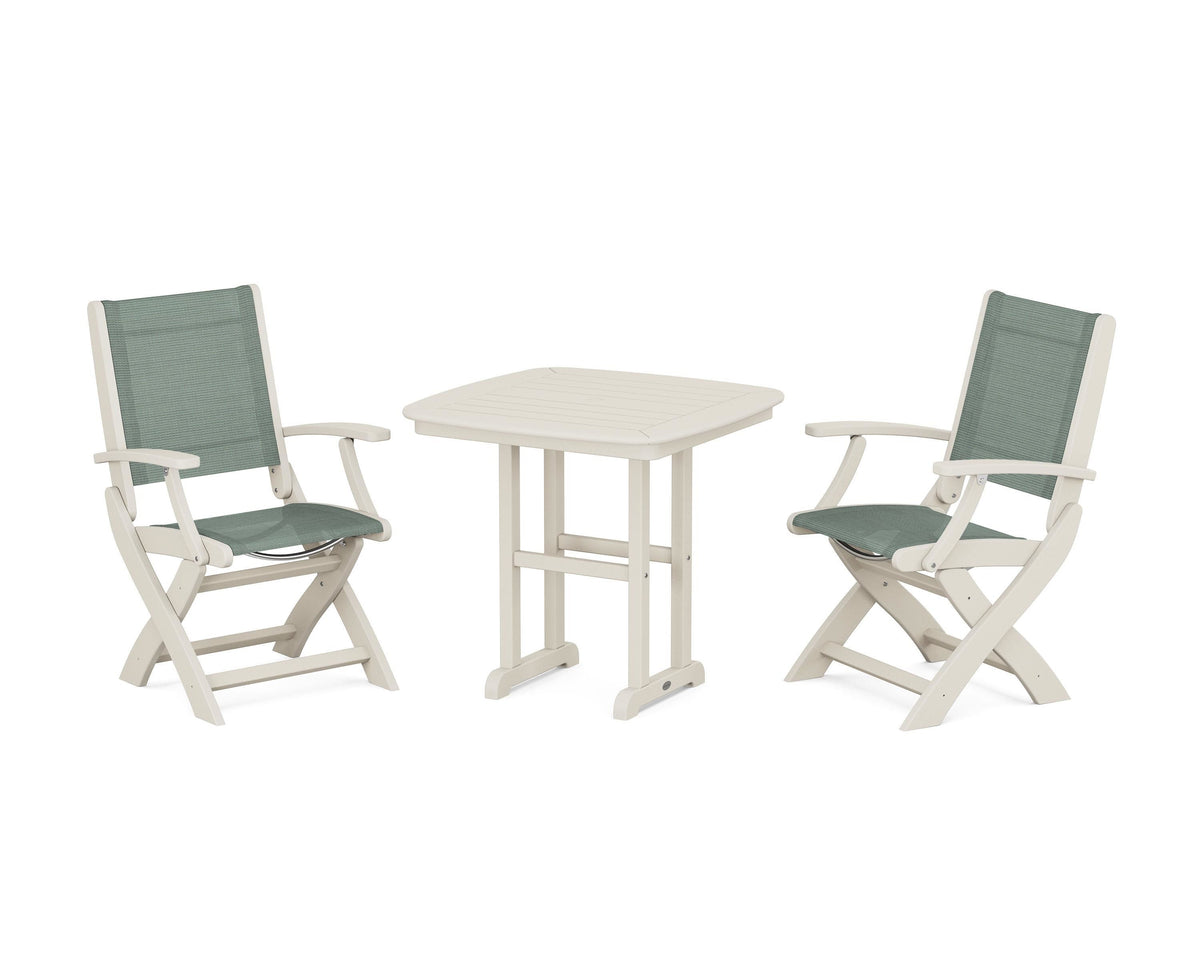 POLYWOOD Coastal Folding Chair 3-Piece Dining Set in Sand / Dupioni Sea Mist