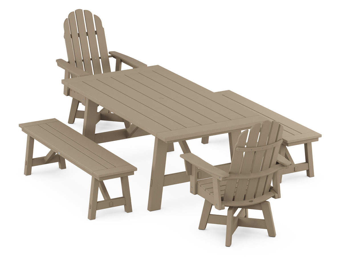 POLYWOOD Vineyard Curveback Adirondack Swivel Chair 5-Piece Rustic Farmhouse Dining Set with Benches in Vintage Sahara