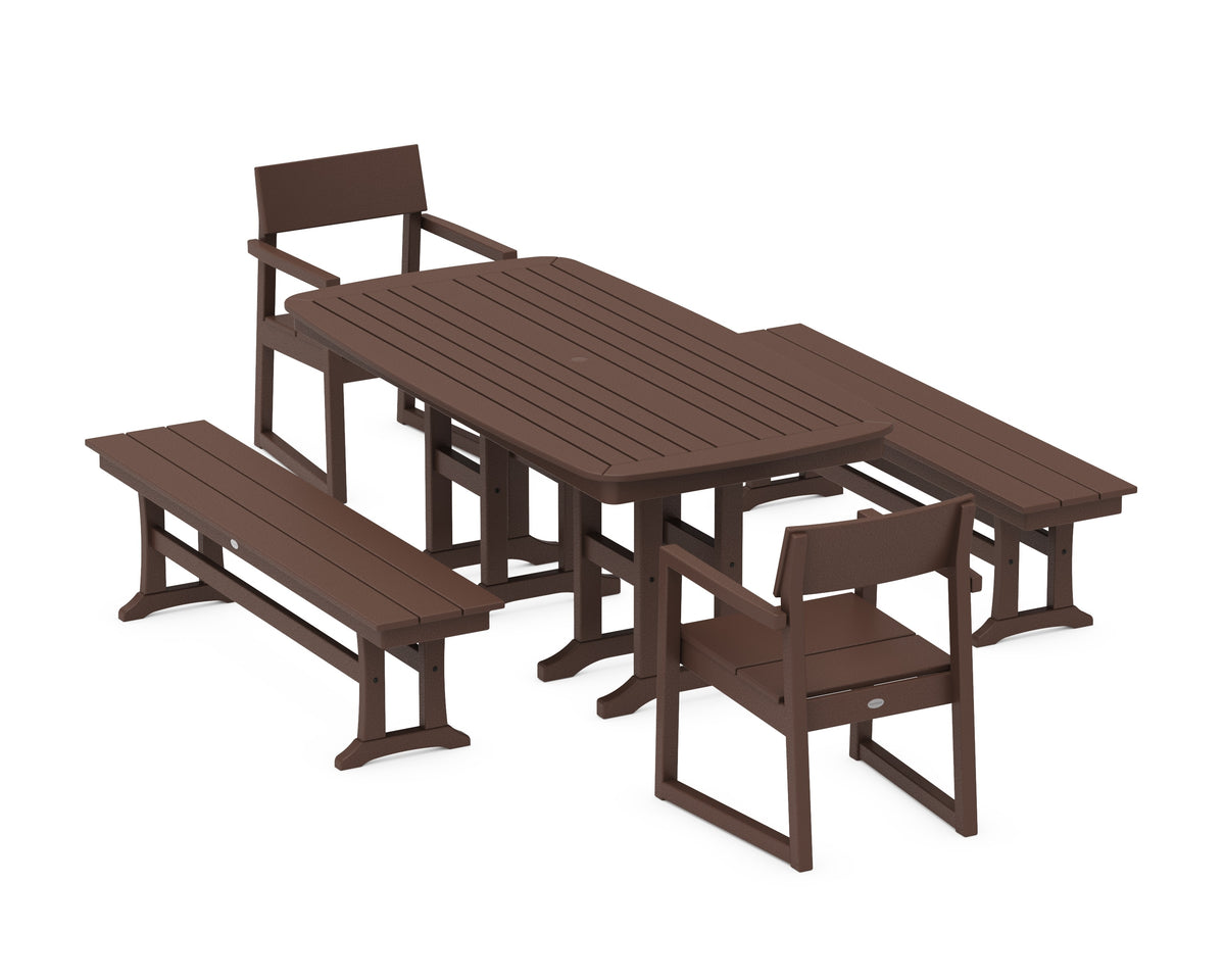 POLYWOOD EDGE 5-Piece Dining Set with Benches (Nautical 37" x 72" Table) in Mahogany