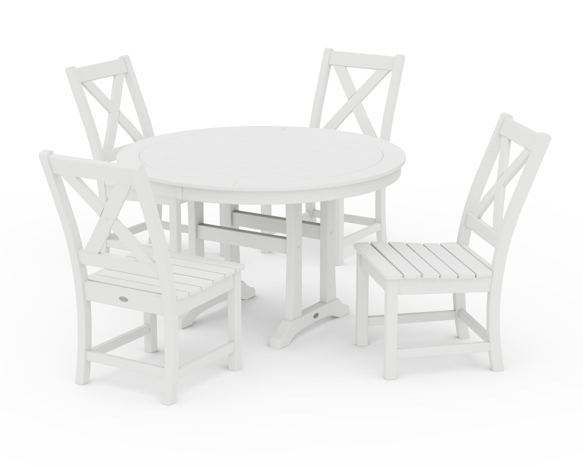 POLYWOOD Braxton Side Chair 5-Piece Round Dining Set with Trestle Legs in White