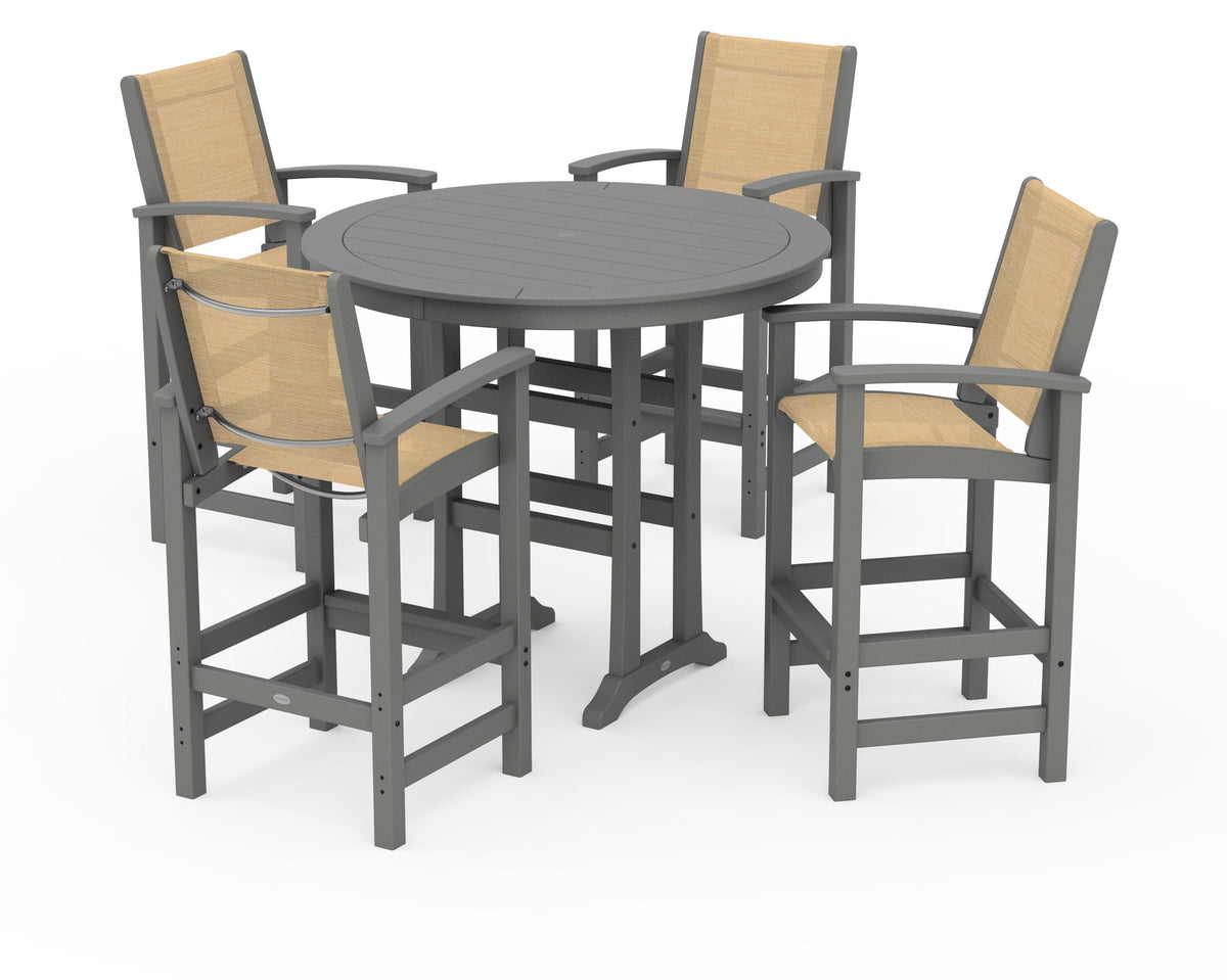 POLYWOOD Coastal 5-Piece Nautical Trestle Bar Set in Slate Grey / Dupioni Apricot