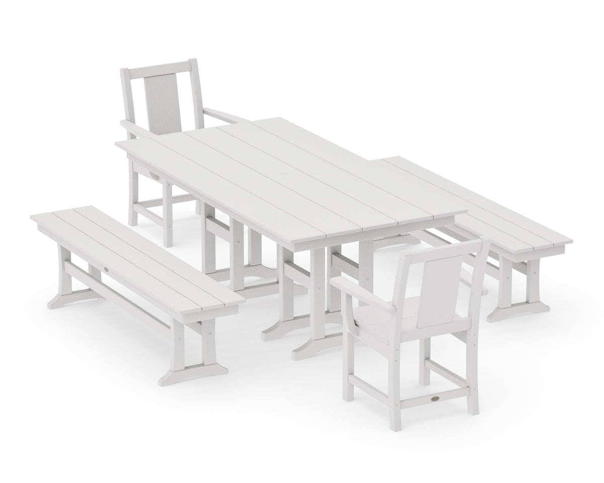 POLYWOOD Prairie 5-Piece Farmhouse Dining Set with Benches in Vintage White
