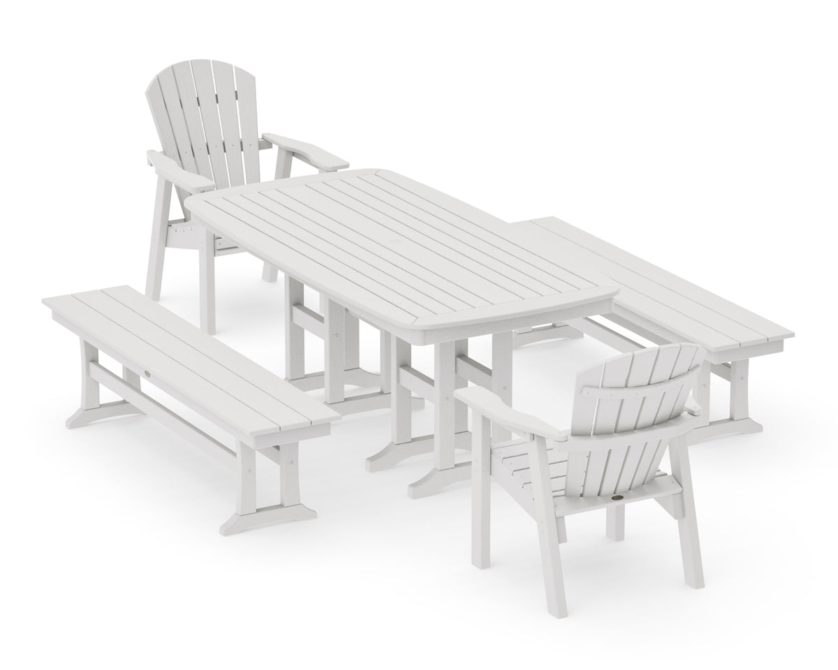 POLYWOOD Seashell 5-Piece Dining Set with Benches - 37" x 72" Table in Vintage White