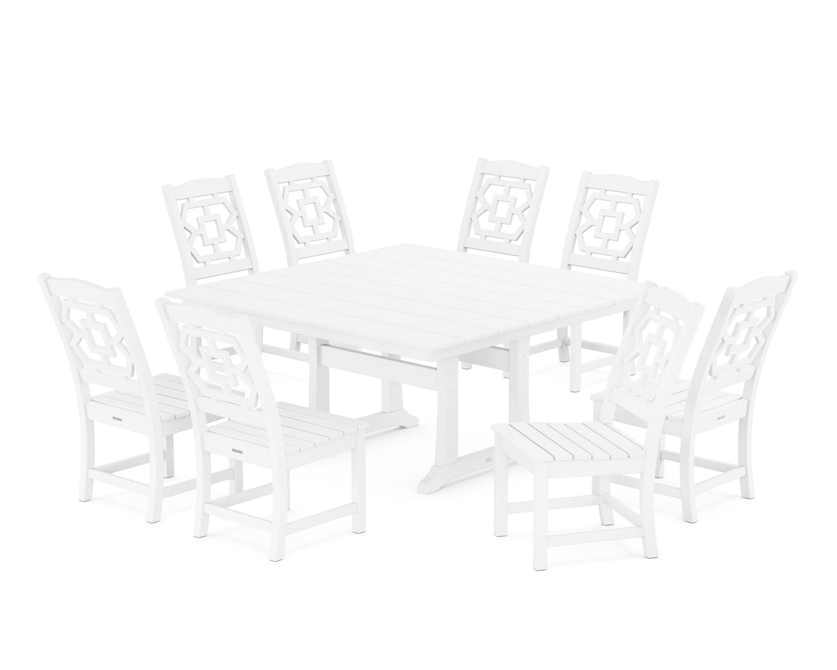 POLYWOOD Chinoiserie 9-Piece Square Farmhouse Side Chair Dining Set with Trestle Legs in White