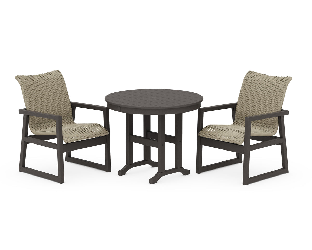 POLYWOOD EDGE Woven 3-Piece Farmhouse Dining Set in Vintage Coffee / Dune Grass