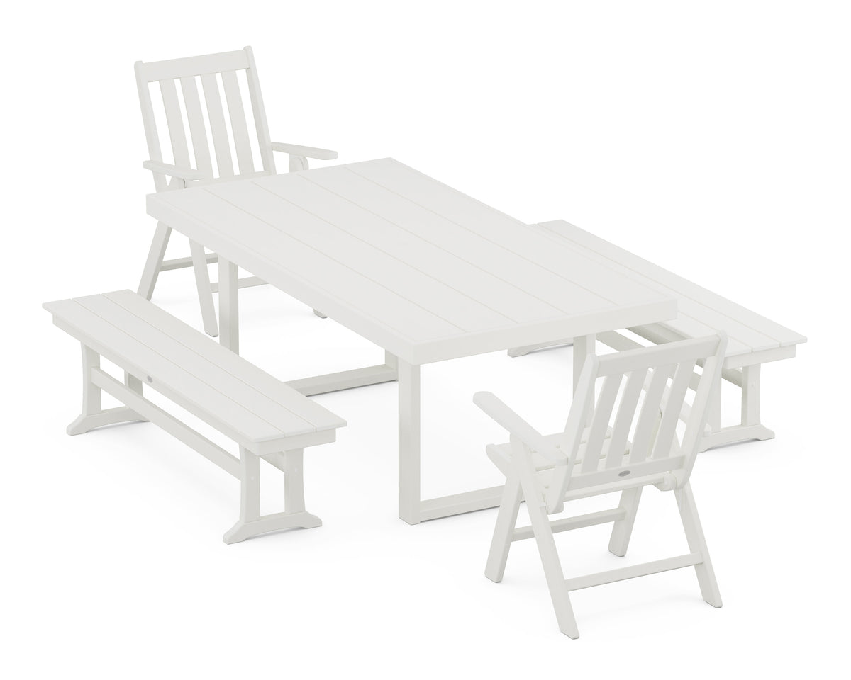 POLYWOOD Vineyard Folding Chair 5-Piece Dining Set with Benches in Vintage White