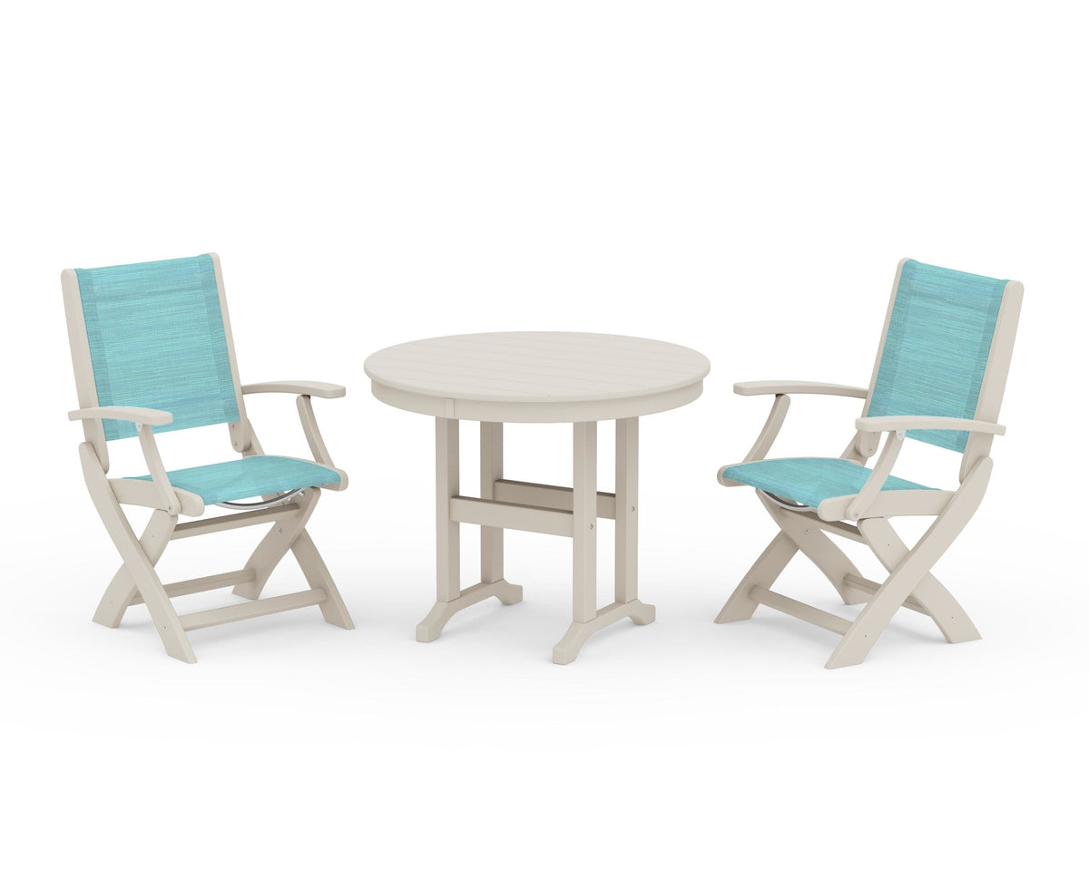 POLYWOOD Coastal Folding Chair 3-Piece Round Dining Set in Sand / Dupioni Aquamarine