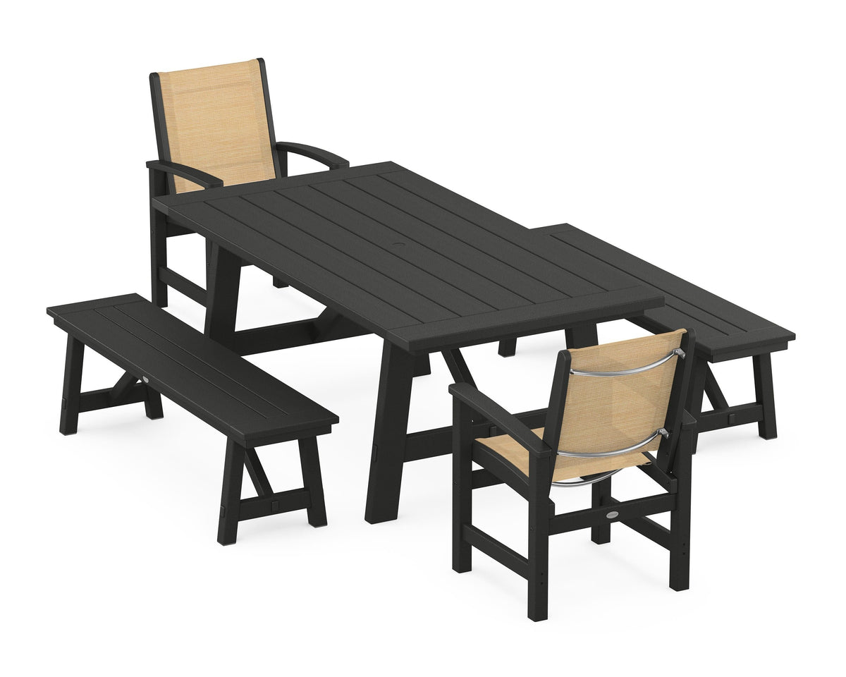POLYWOOD Coastal 5-Piece Rustic Farmhouse Dining Set With Benches in Black / Dupioni Apricot
