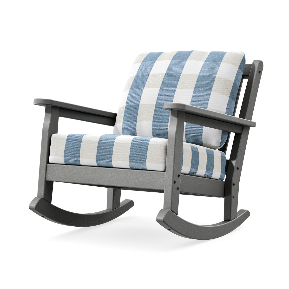 POLYWOOD Chippendale Deep Seating Rocking Chair in Slate Grey / Buffalo Plaid Sky Blue