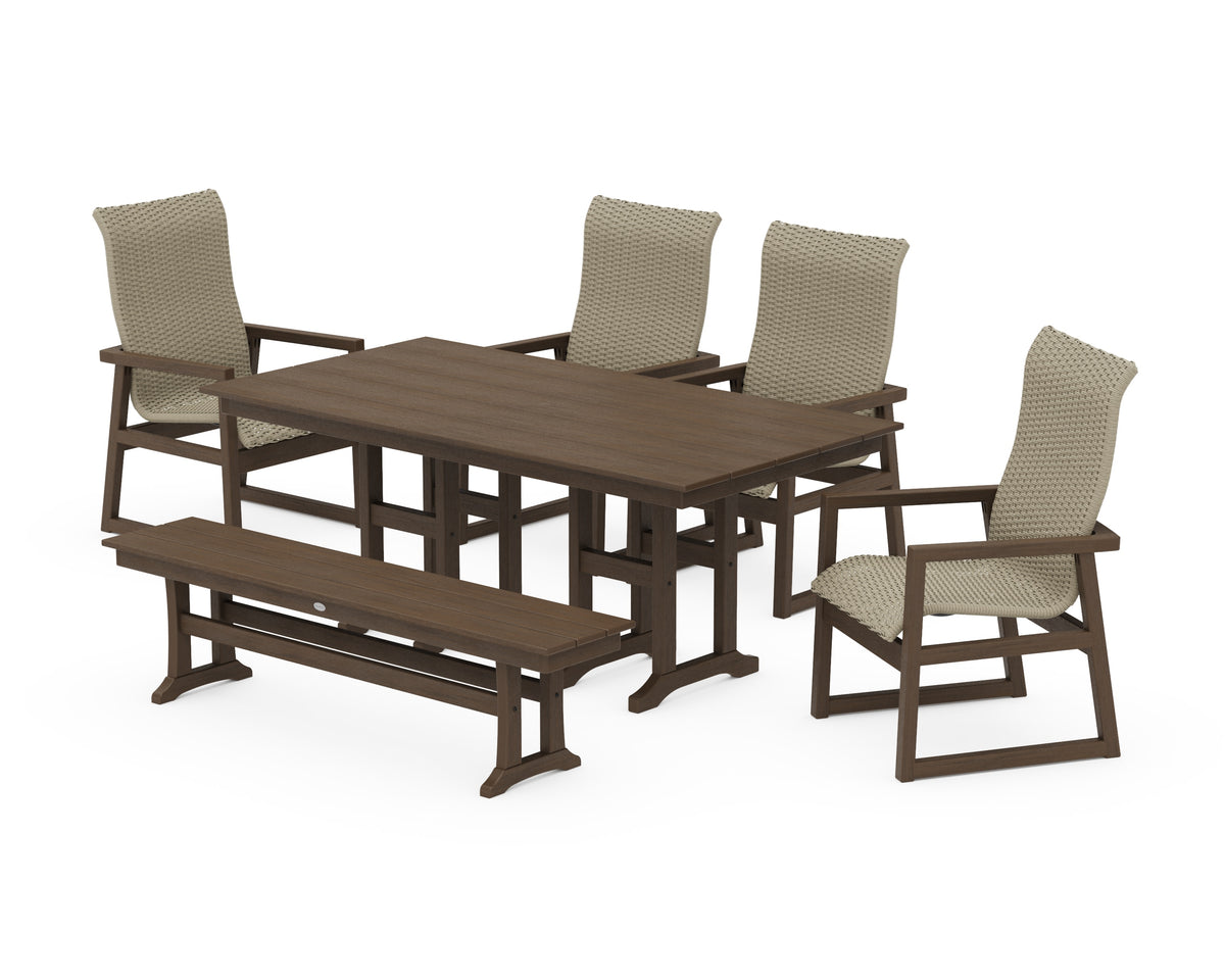 POLYWOOD EDGE Woven High-Back 6-Piece Farmhouse Dining Set with Bench in Kona / Dune Grass