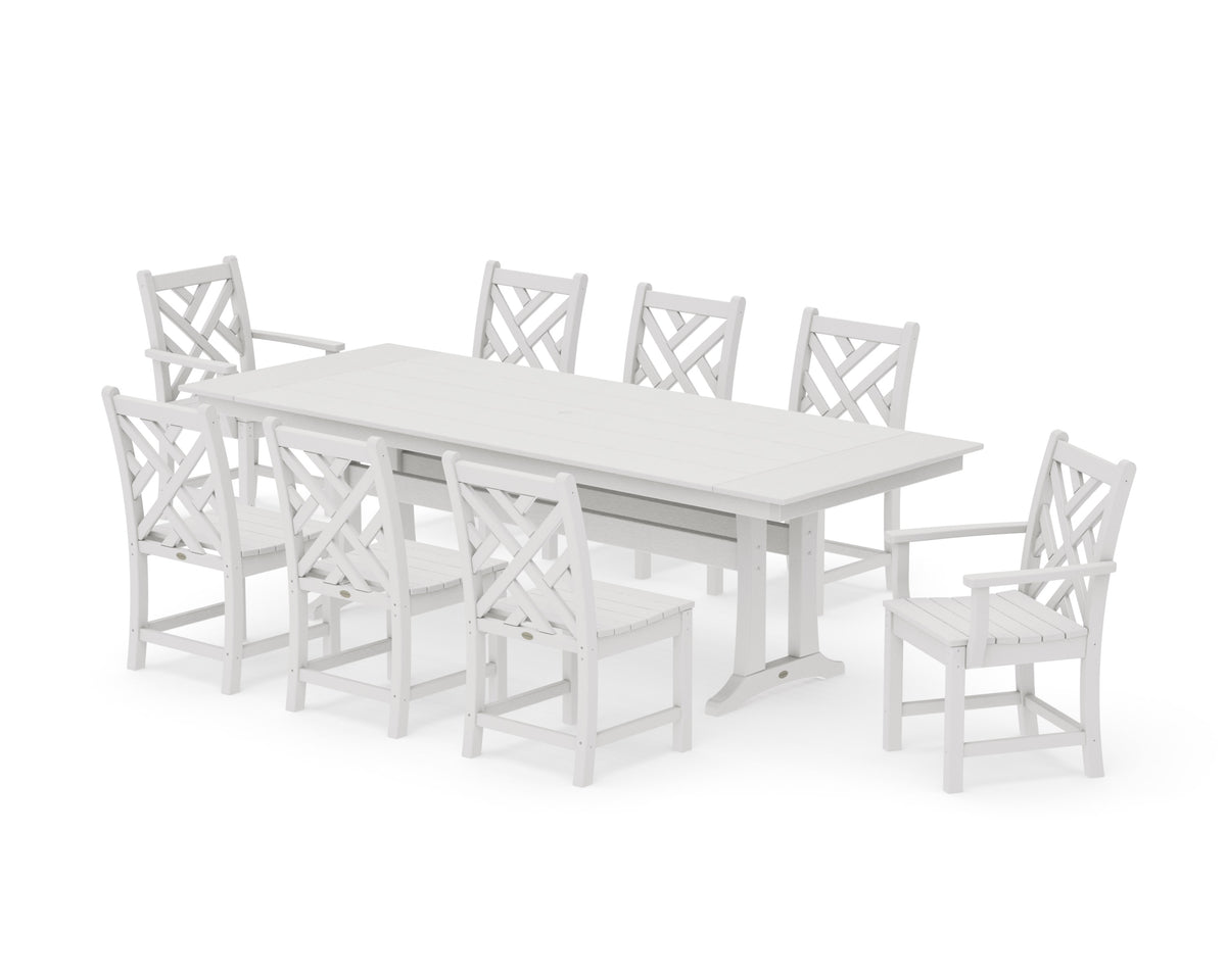 POLYWOOD Chippendale 9-Piece Farmhouse Dining Set with Trestle Legs in Vintage White