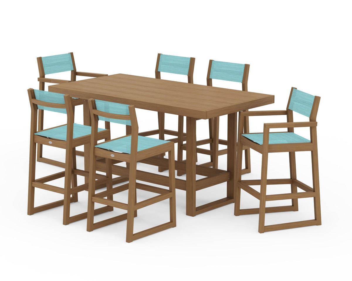 POLYWOOD EDGE Sling 7-Piece Bar Table Set in Natural / Dupioni Aquamarine