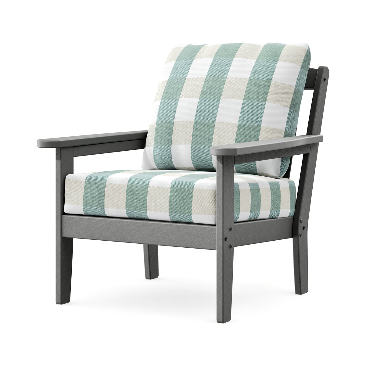 POLYWOOD Cottage Deep Seating Chair in Slate Grey / Buffalo Plaid Glacier Spa