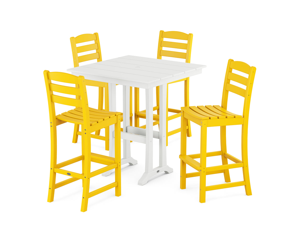 POLYWOOD La Casa Café 5-Piece Farmhouse Trestle Bar Set in Lemon / White