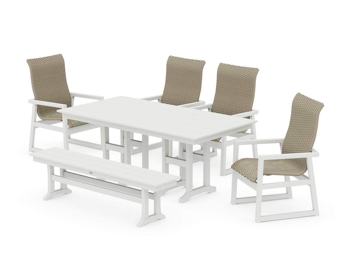 POLYWOOD EDGE Woven High-Back 6-Piece Farmhouse Dining Set with Bench in White / Dune Grass