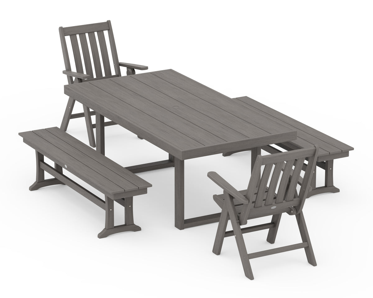 POLYWOOD Vineyard Folding Chair 5-Piece Dining Set with Benches in Driftwood