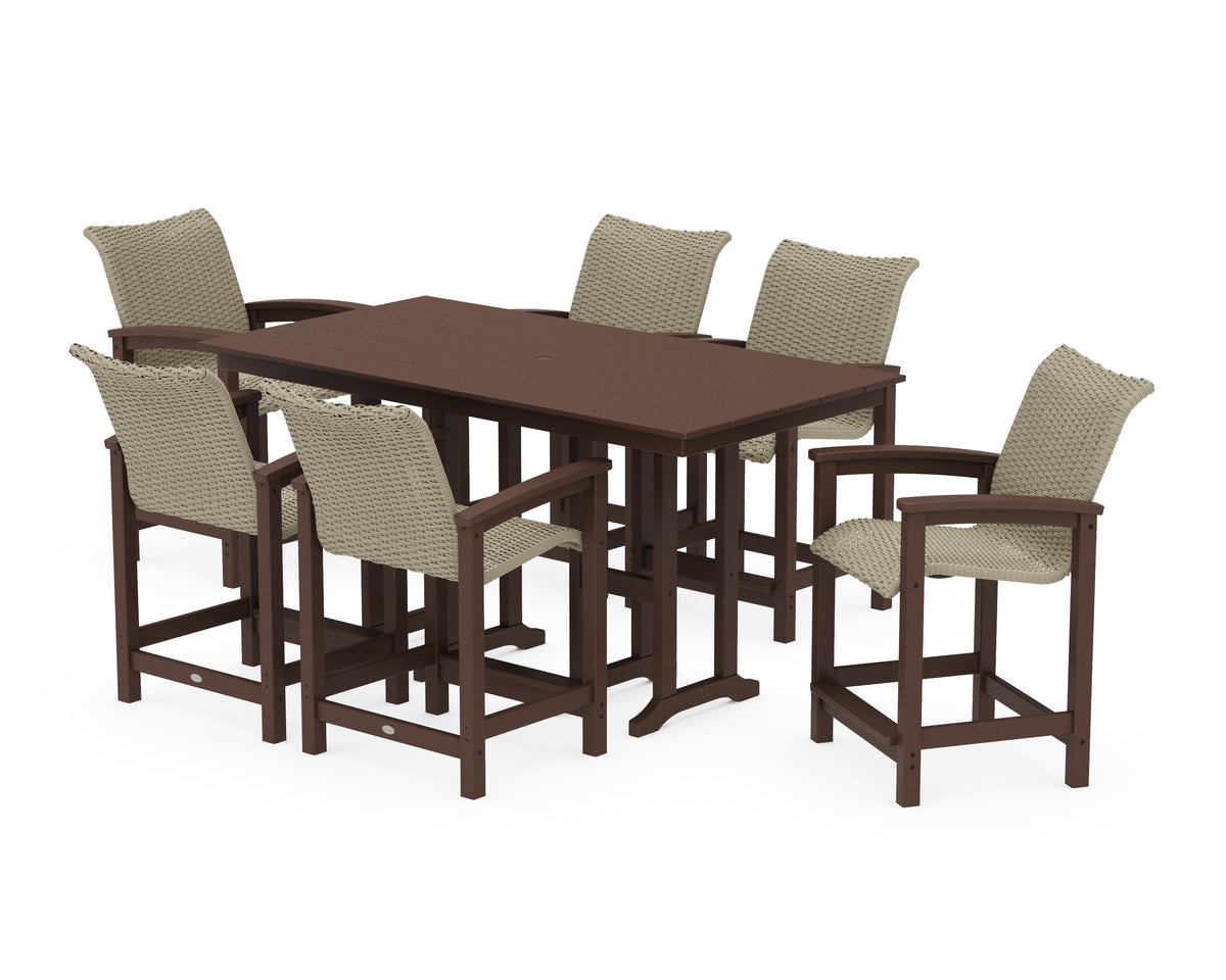 POLYWOOD Coastal Woven Arm Chair 7-Piece Farmhouse Counter Set in Mahogany / Dune Grass