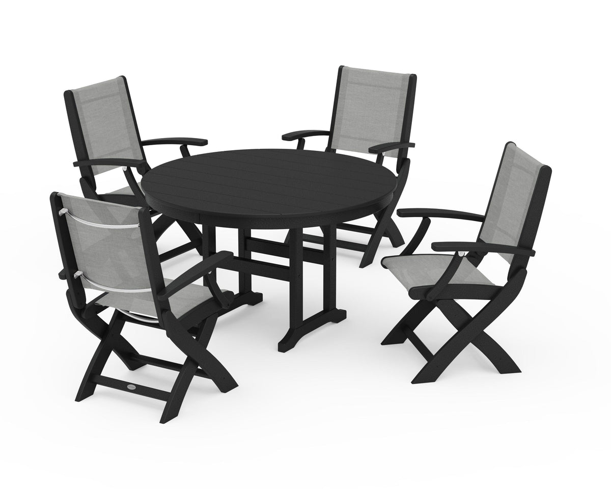 POLYWOOD Coastal Folding Chair 5-Piece Round Dining Set in Black / Metallic