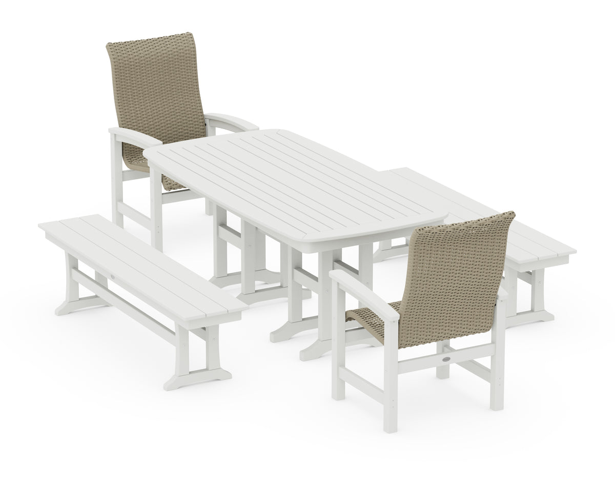 POLYWOOD Coastal Woven High-Back 5-Piece Dining Set with Benches in White / Dune Grass