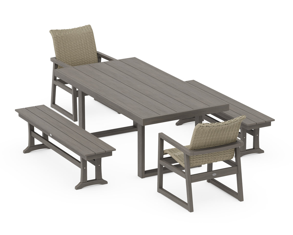 POLYWOOD EDGE Woven 5-Piece Dining Set with Benches in Driftwood / Dune Grass