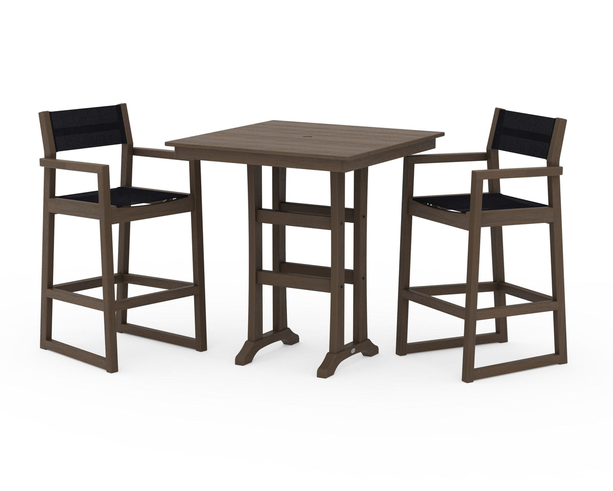 POLYWOOD EDGE Sling Arm Chair 3-Piece Farmhouse Bar Set with Trestle Legs in Kona / Black