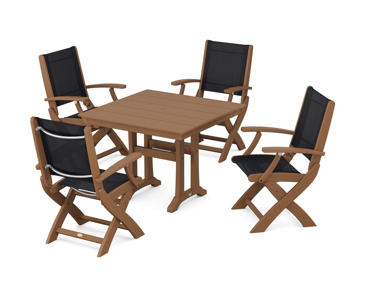 POLYWOOD Coastal Folding Chair 5-Piece Farmhouse Dining Set With Trestle Legs in Teak / Black