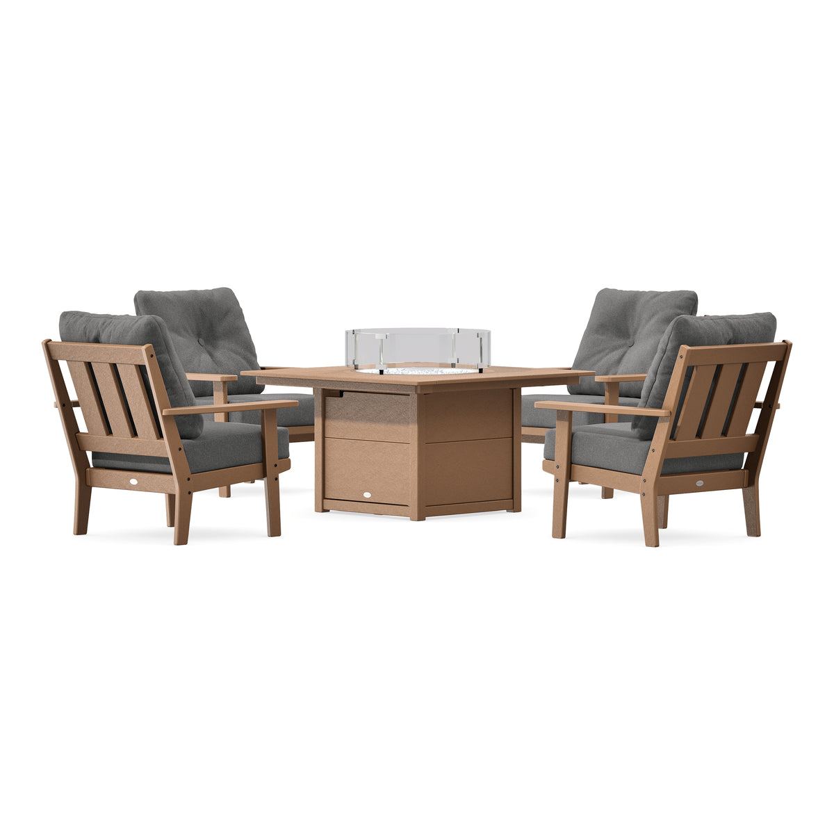 POLYWOOD Oxford 5-Piece Deep Seating Set with Fire Pit Table in Teak