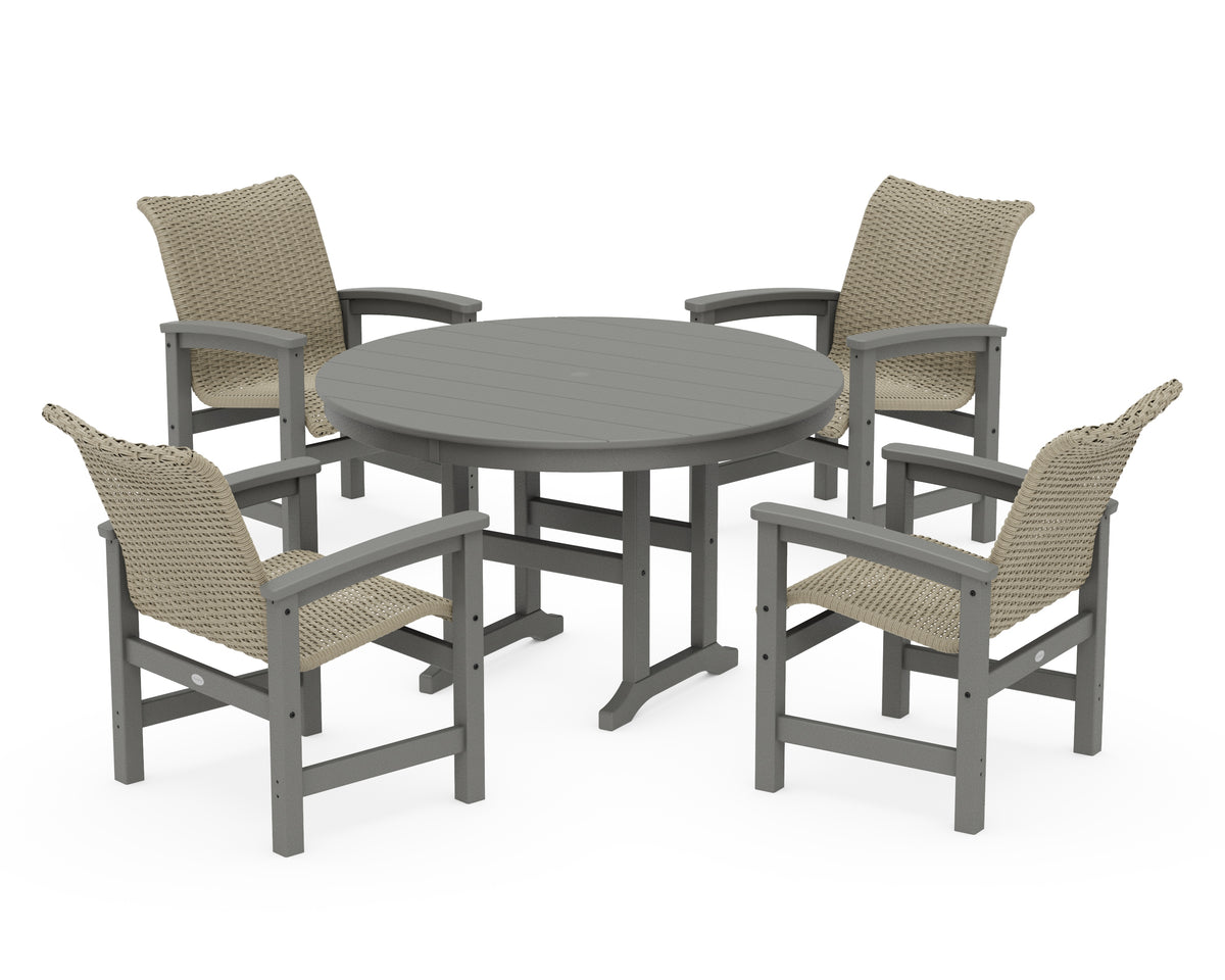 POLYWOOD Coastal Woven 5-Piece Round Farmhouse Dining Set in Slate Grey / Dune Grass