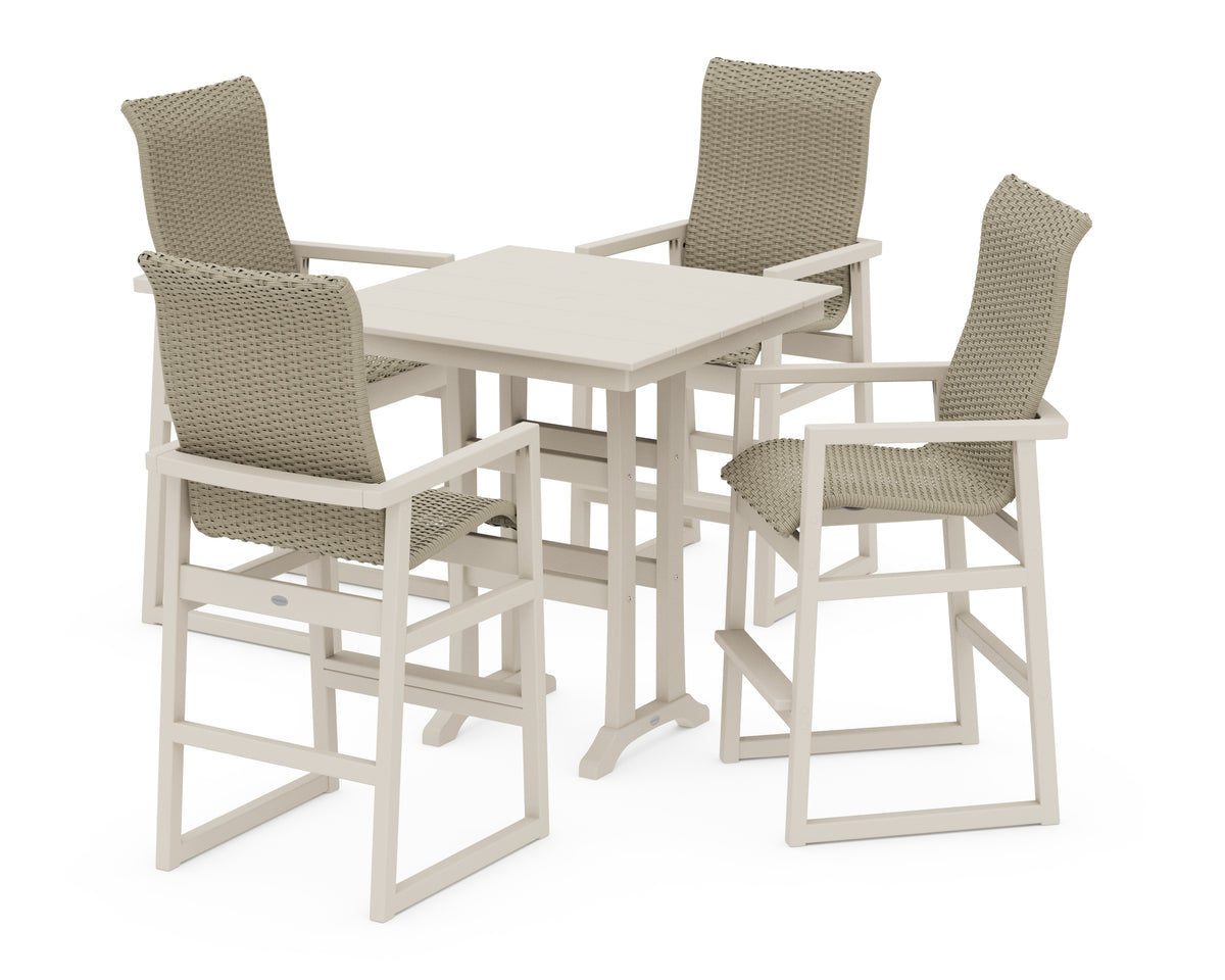 POLYWOOD EDGE Woven Highback 5-Piece Farmhouse Bar Set with Trestle Legs in Sand / Dune Grass