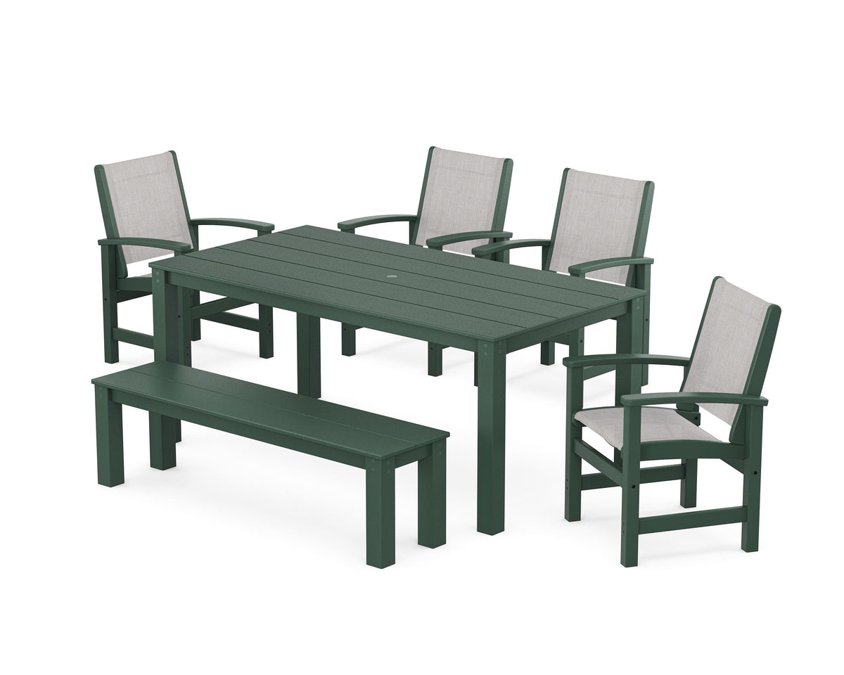 POLYWOOD Coastal 6-Piece Parsons Dining Set with Bench in Green / Parchment