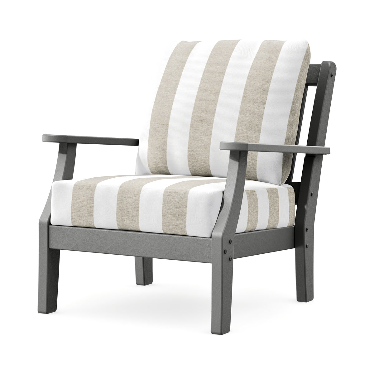 POLYWOOD Chinoiserie Deep Seating Chair in Slate Grey / Cabana Stripe Dune Burlap