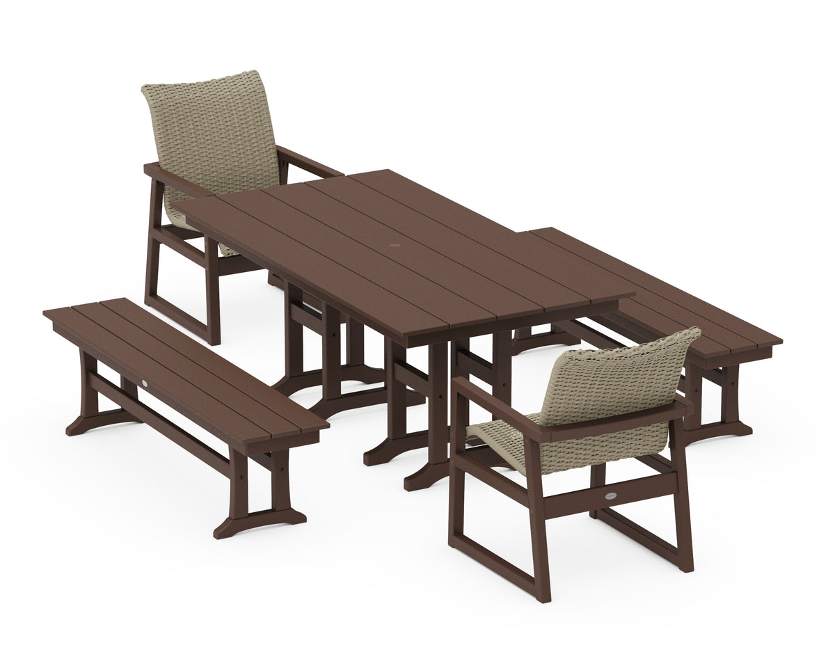 POLYWOOD EDGE Woven 5-Piece Farmhouse Dining Set with Benches in Mahogany / Dune Grass