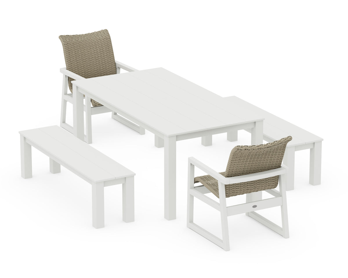 POLYWOOD EDGE Woven 5-Piece Parsons Dining Set with Benches in Vintage White / Dune Grass