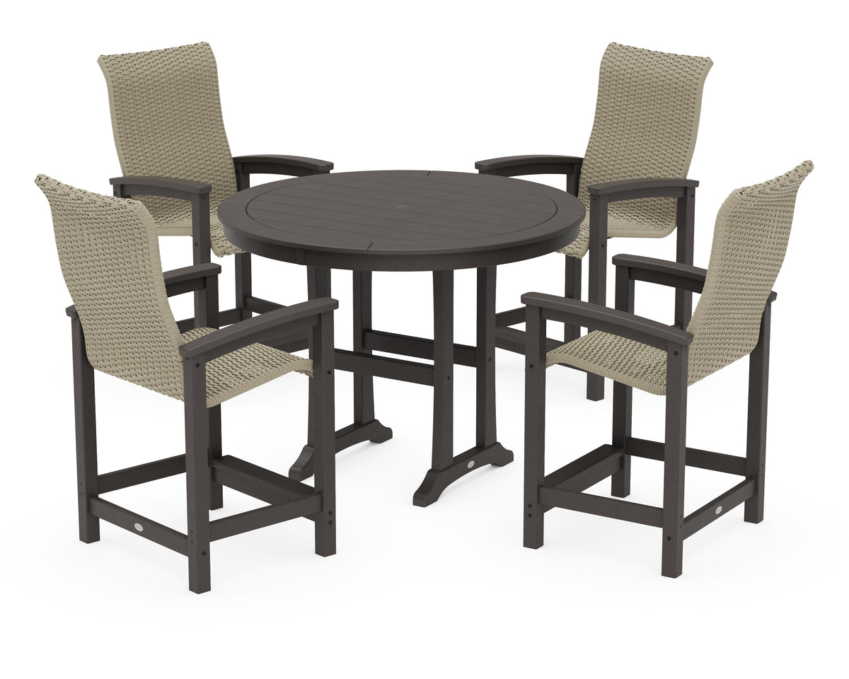 POLYWOOD Coastal Woven High-Back 5-Piece Round Counter Set in Vintage Coffee / Dune Grass