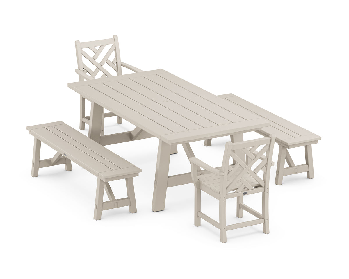 POLYWOOD Chippendale 5-Piece Rustic Farmhouse Dining Set with Benches in Sand