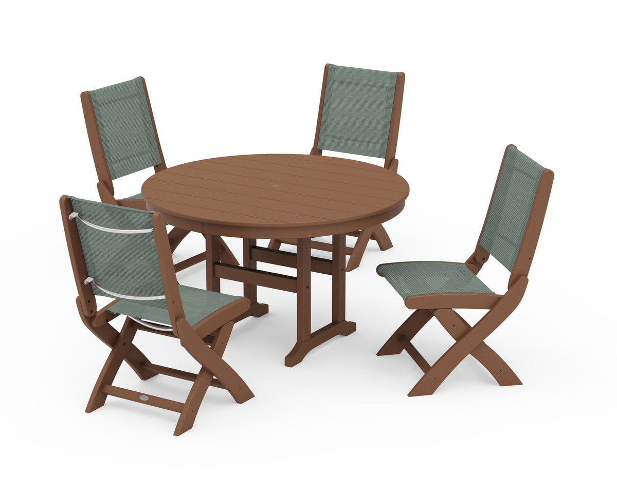 POLYWOOD Coastal Folding Side Chair 5-Piece Round Dining Set in Teak / Dupioni Sea Mist