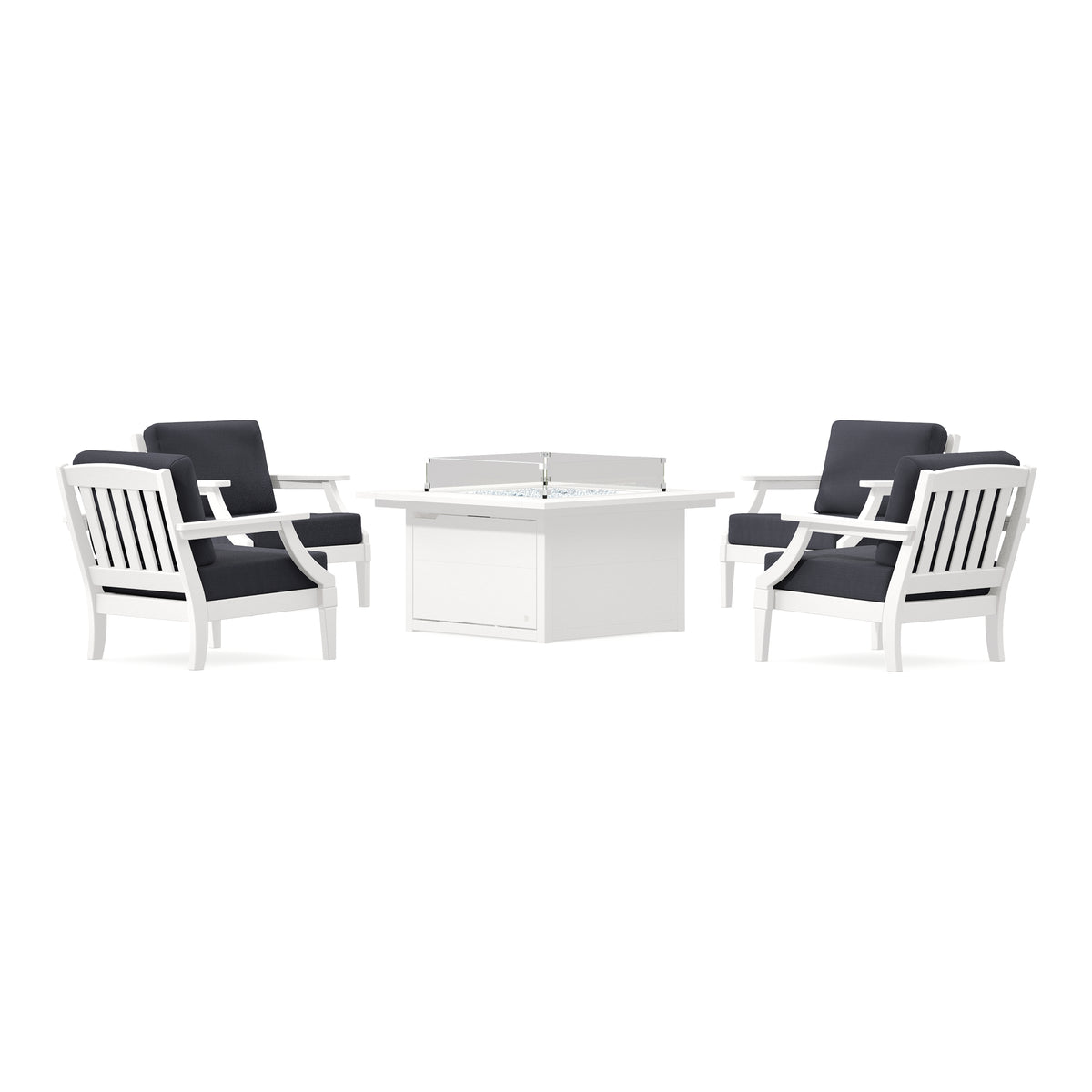 POLYWOOD PW Designer Series Estate 5-Piece Lounge Fire Table Set in Vintage White / Midnight Linen