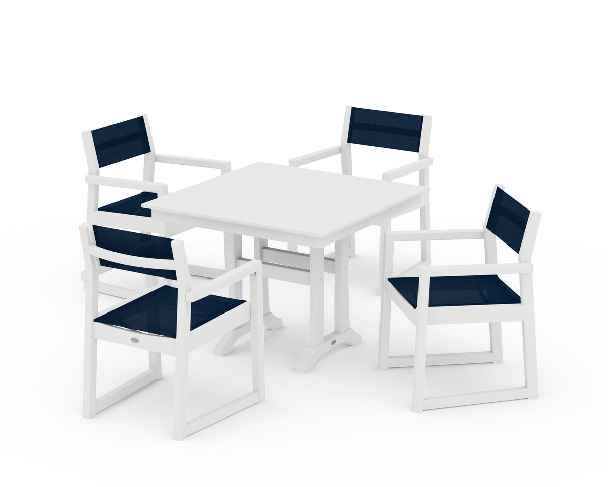 POLYWOOD EDGE Sling 5-Piece Farmhouse Dining Set with Trestle Legs in White / Navy Blue