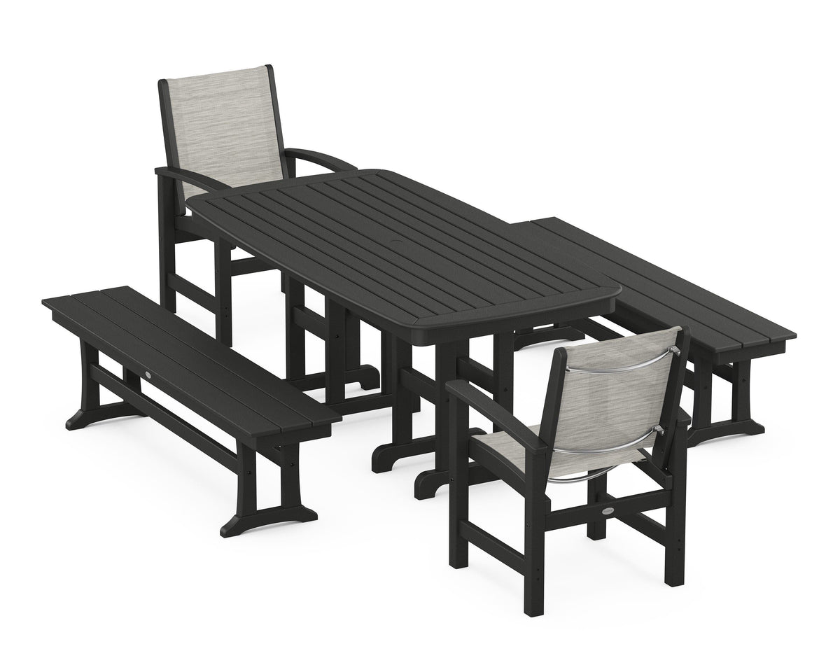 POLYWOOD Coastal 5-Piece Dining Set with Nautical 37" x 72" Dining Table in Black / Birch