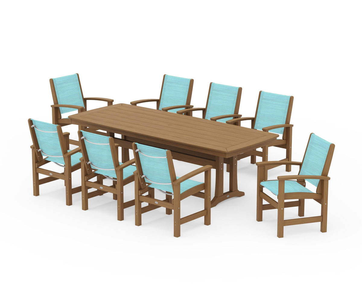 POLYWOOD Coastal 9-Piece Dining Set with Trestle Legs in Natural / Dupioni Aquamarine