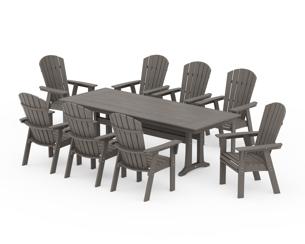 POLYWOOD Nautical 9-Piece Curveback Adirondack Farmhouse Dining Set with Trestle Legs in Driftwood