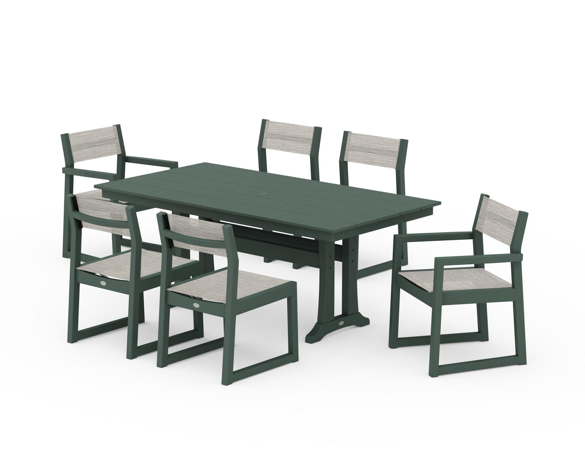 POLYWOOD EDGE Sling 7-Piece Farmhouse Trestle Dining Set in Green / Birch