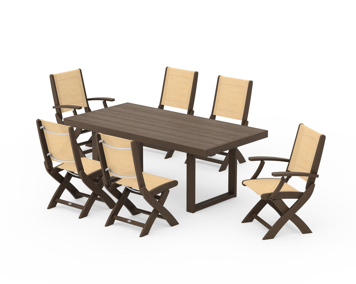 POLYWOOD Coastal Folding Chair 7-Piece Dining Set with Trestle Legs with EDGE 40" x 78" Dining Table in Kona / Dupioni Apricot