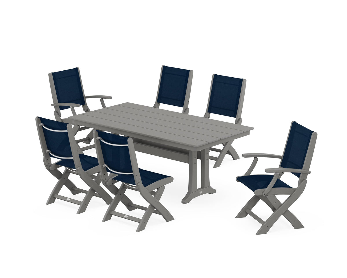 POLYWOOD Coastal Folding Chair 7-Piece Farmhouse Dining Set with Trestle Legs in Slate Grey / Navy Blue