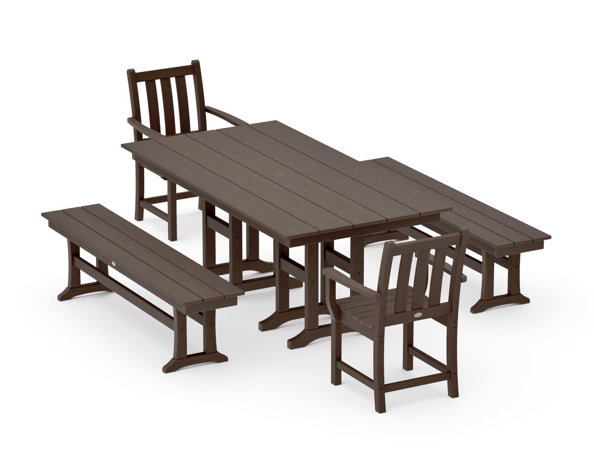 POLYWOOD Traditional Garden 5-Piece Farmhouse Dining Set with Benches in Kona