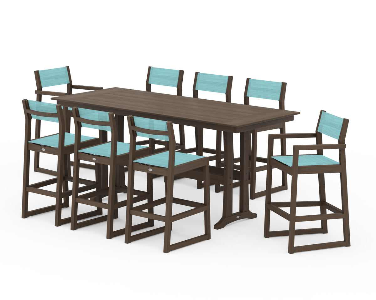 POLYWOOD EDGE Sling 9-Piece Farmhouse Bar Set with Trestle Legs in Kona / Dupioni Aquamarine