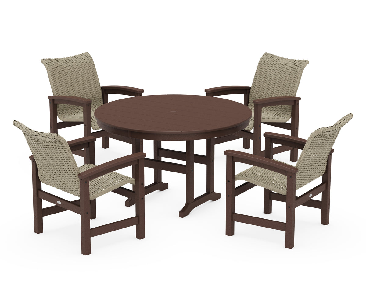 POLYWOOD Coastal Woven 5-Piece Round Farmhouse Dining Set in Mahogany / Dune Grass