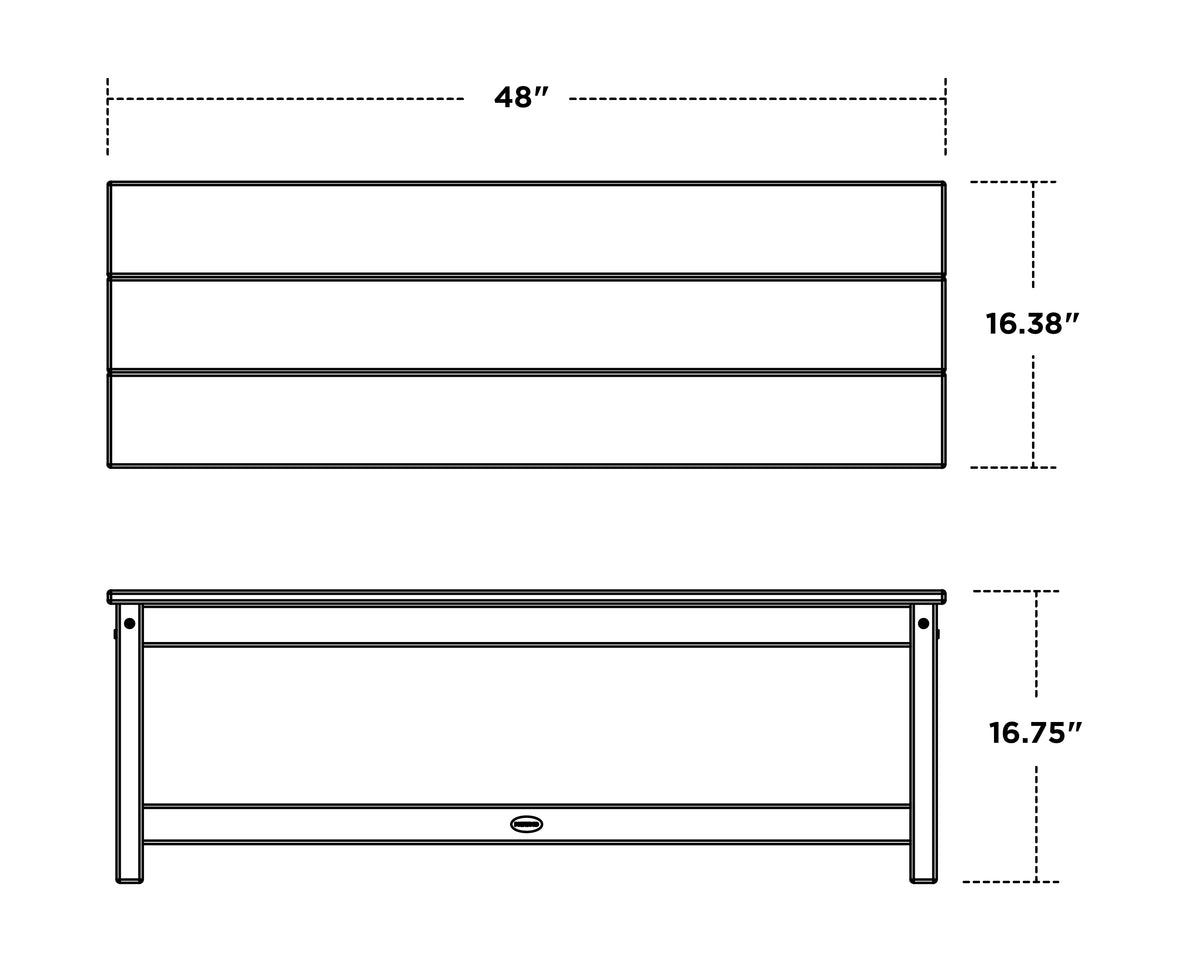 POLYWOOD 48" Planter Bench dimension drawing with width, depth and height measurements