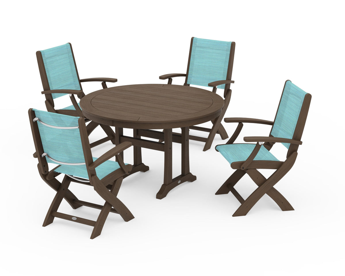 POLYWOOD Coastal Folding Chair 5-Piece Round Dining Set with Trestle Legs in Kona / Dupioni Aquamarine