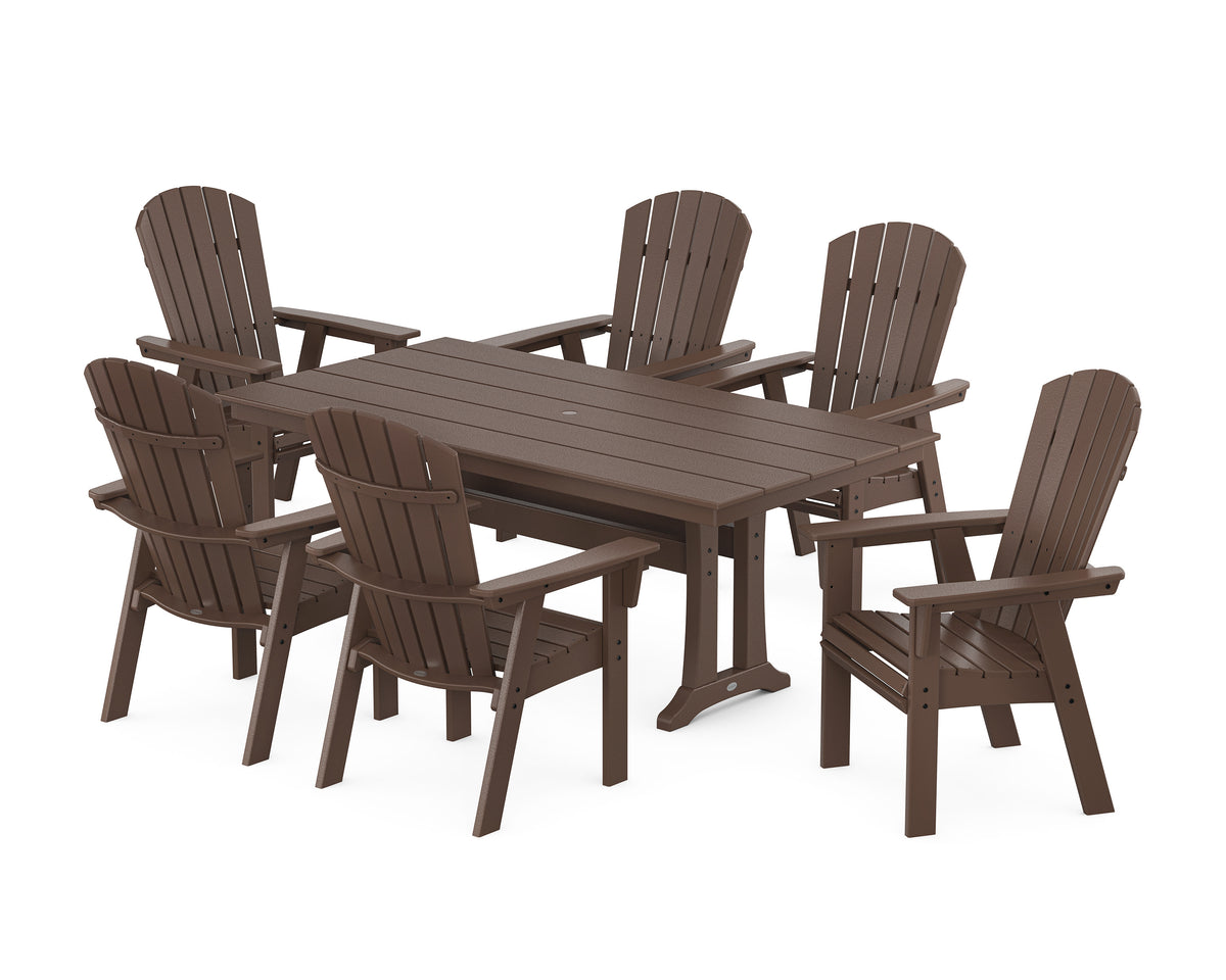 POLYWOOD Nautical Curveback Adirondack 7-Piece Farmhouse Dining Set with Trestle Legs in Mahogany